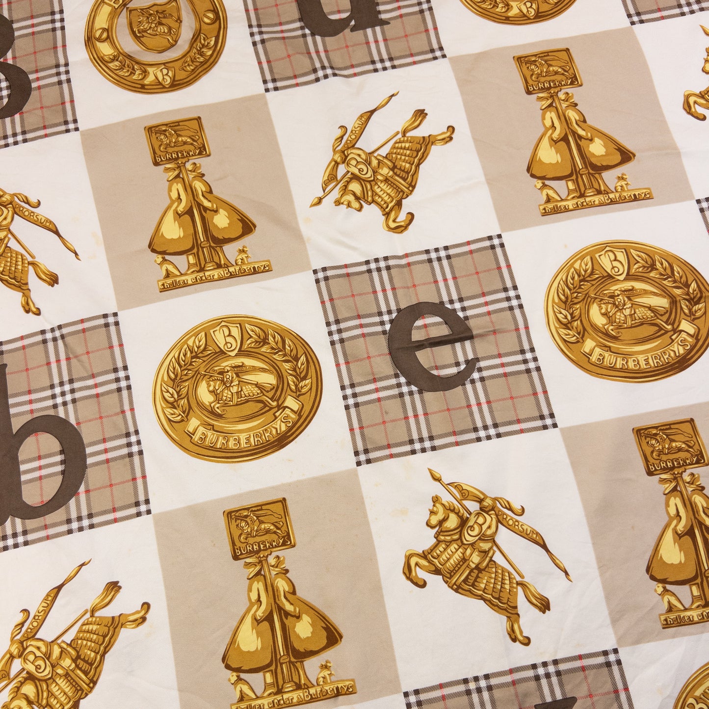 Vintage 90s Burberry Nova Check Gold Logo Print Silk Scarf