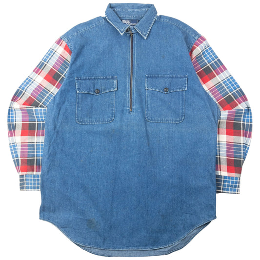 Vintage 90s Polo Ralph Lauren Checkered Sleeve Q Zip Denim Shirt Size XL
