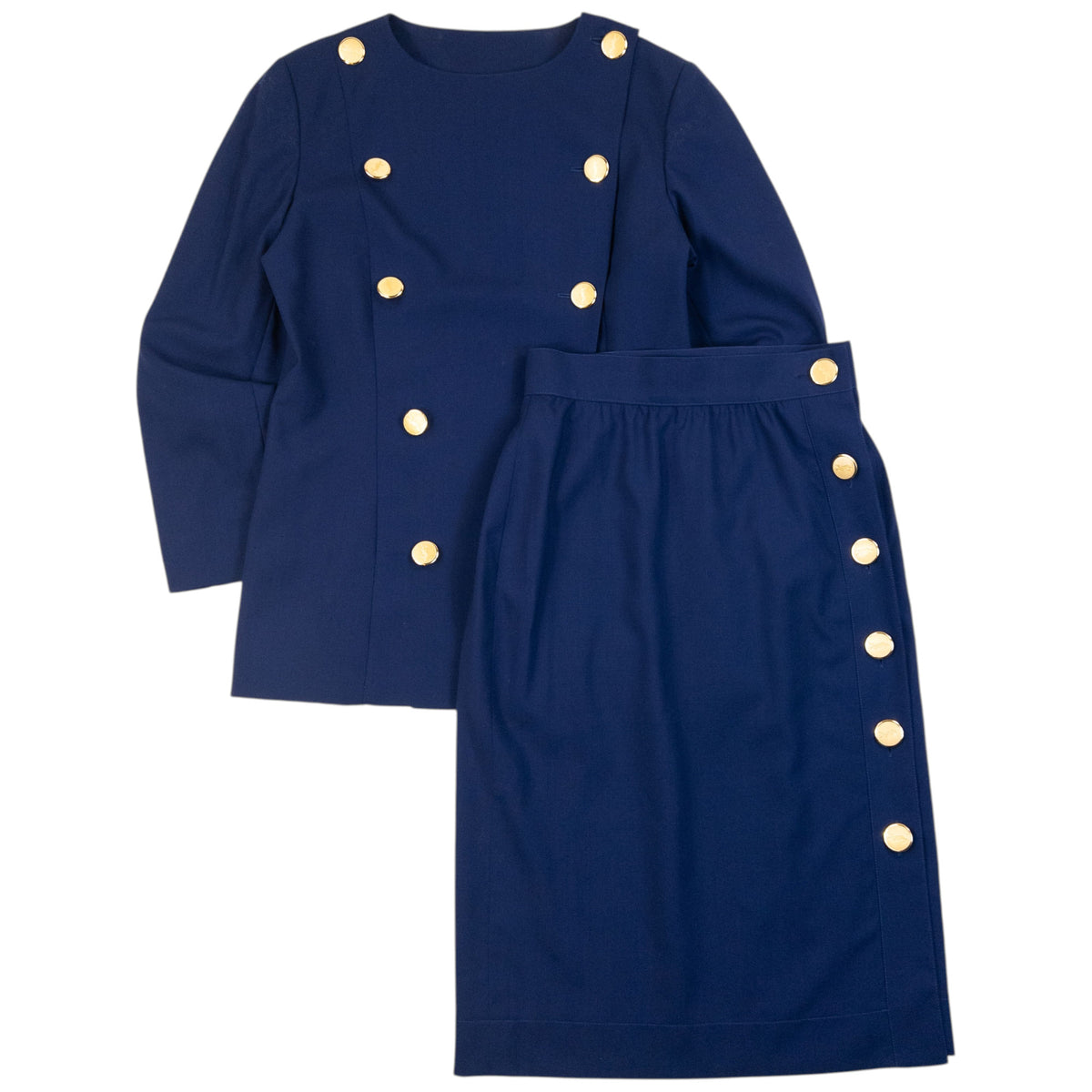 Vintage 80s YSL Yves Saint Laurent Jacket & Skirt Suit Set in blue (wool), gold embossed buttons