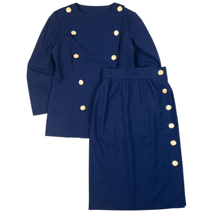 Vintage 80s YSL Yves Saint Laurent Jacket & Skirt Suit Set in blue (wool), gold embossed buttons