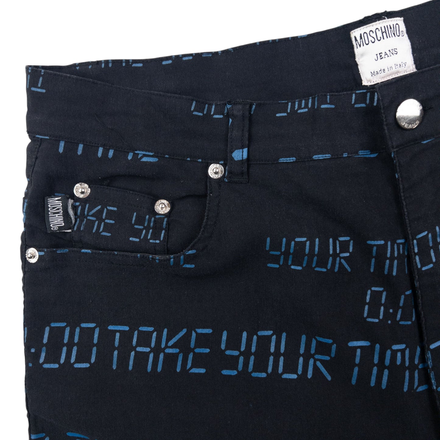 Vintage 2000s Moschino Jeans Take Your Time Digital Monogram Trousers Size W36