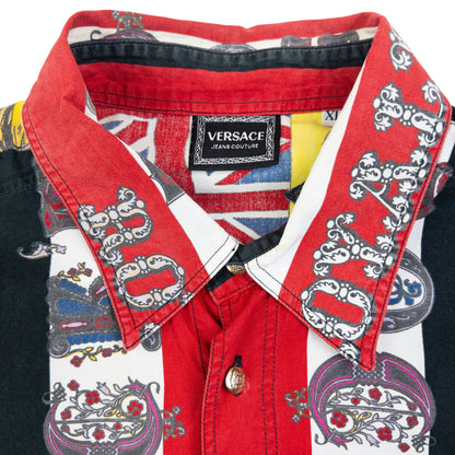 Vintage 90s Versace Jeans Couture Rock N Roll Royalty Print Button Up Shirt Size XL