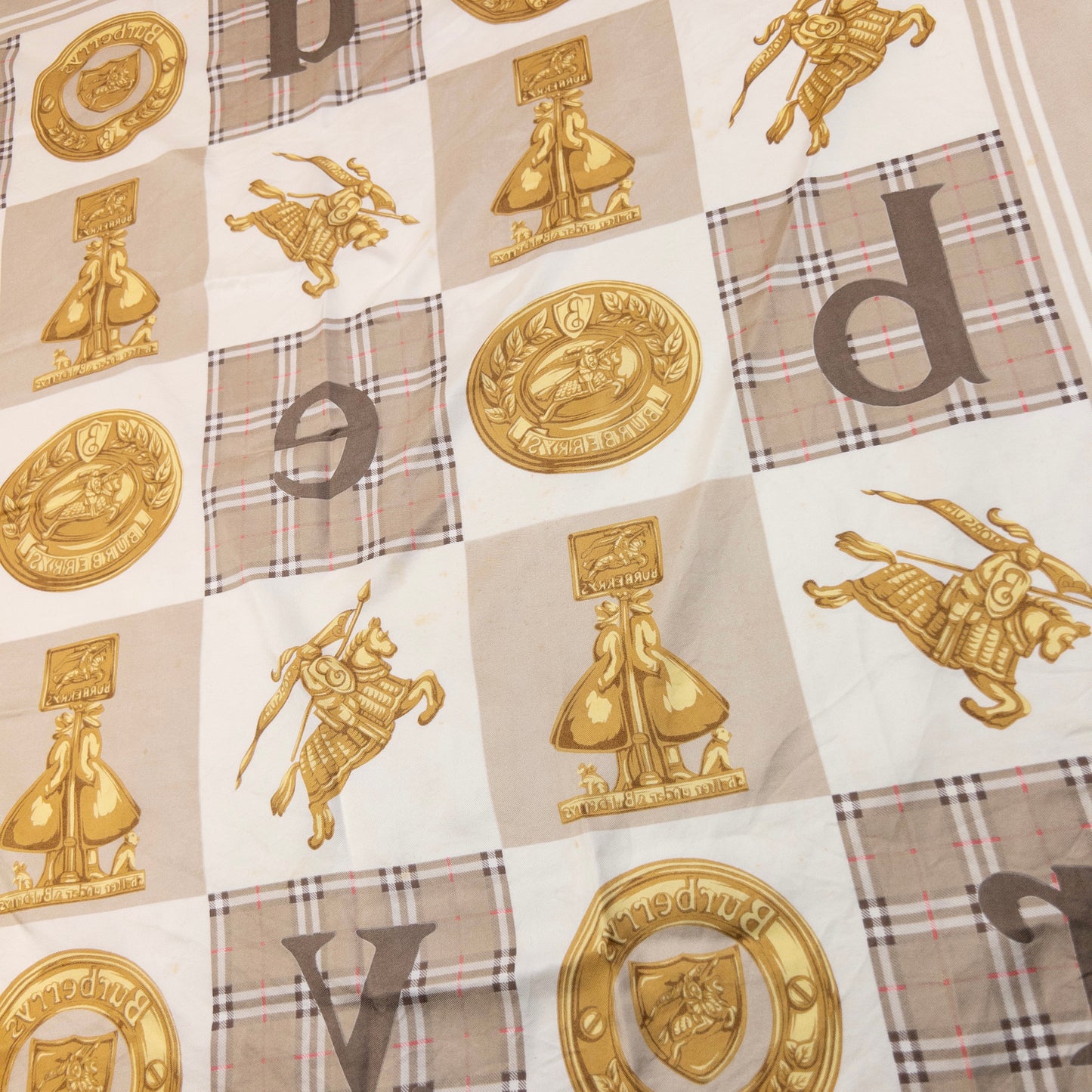 Vintage 90s Burberry Nova Check Gold Logo Print Silk Scarf