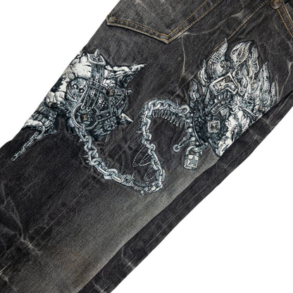 Vintage Jizo Bosatsu Embroidered Troll Skull Japanese Denim Jeans Size W30