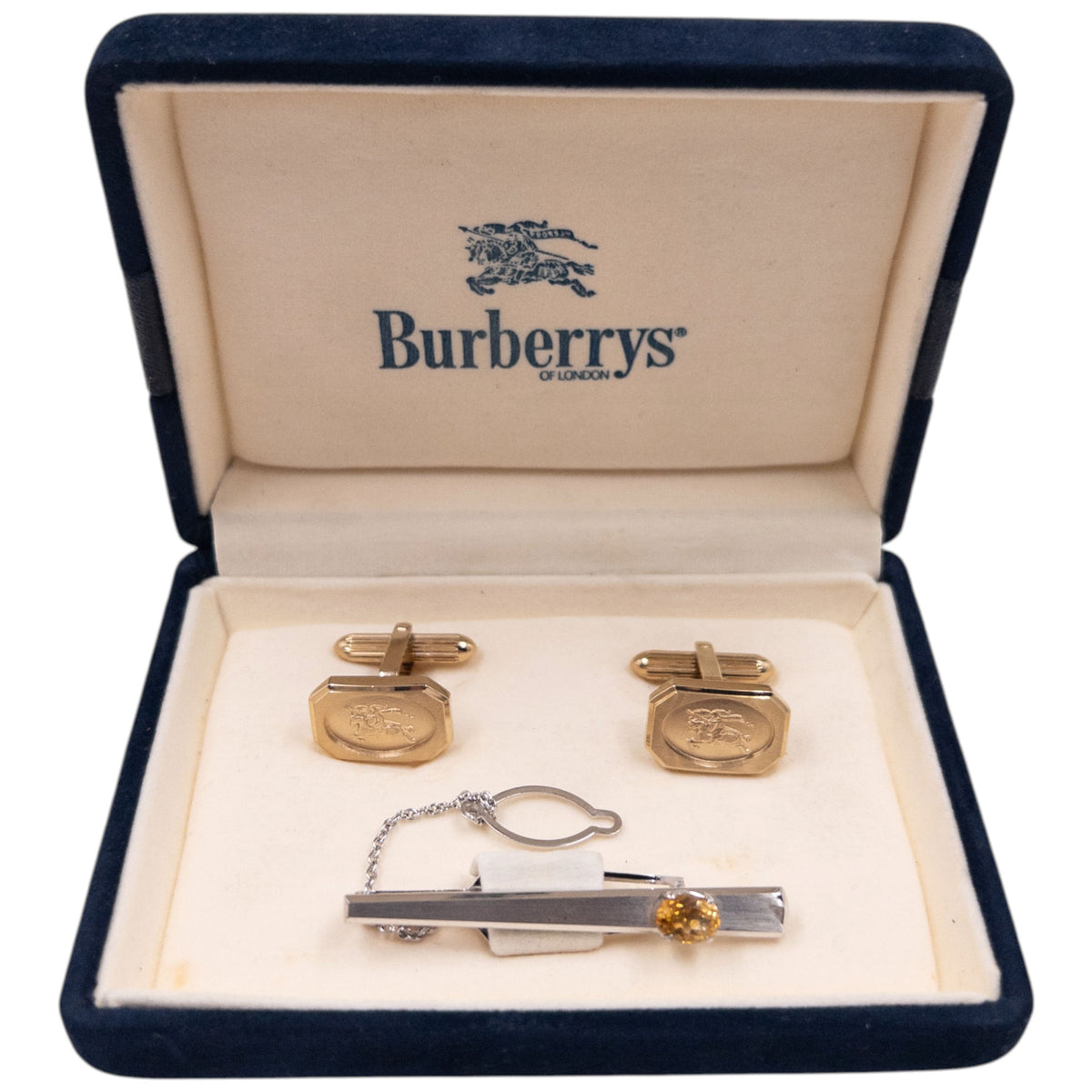 Vintage 90s Burberry Embossed Cufflinks & Gem Tie Clip Set