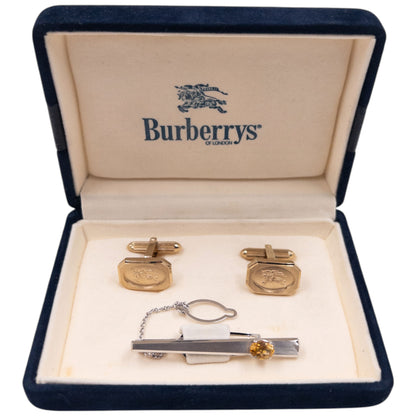 Vintage 90s Burberry Embossed Cufflinks & Gem Tie Clip Set