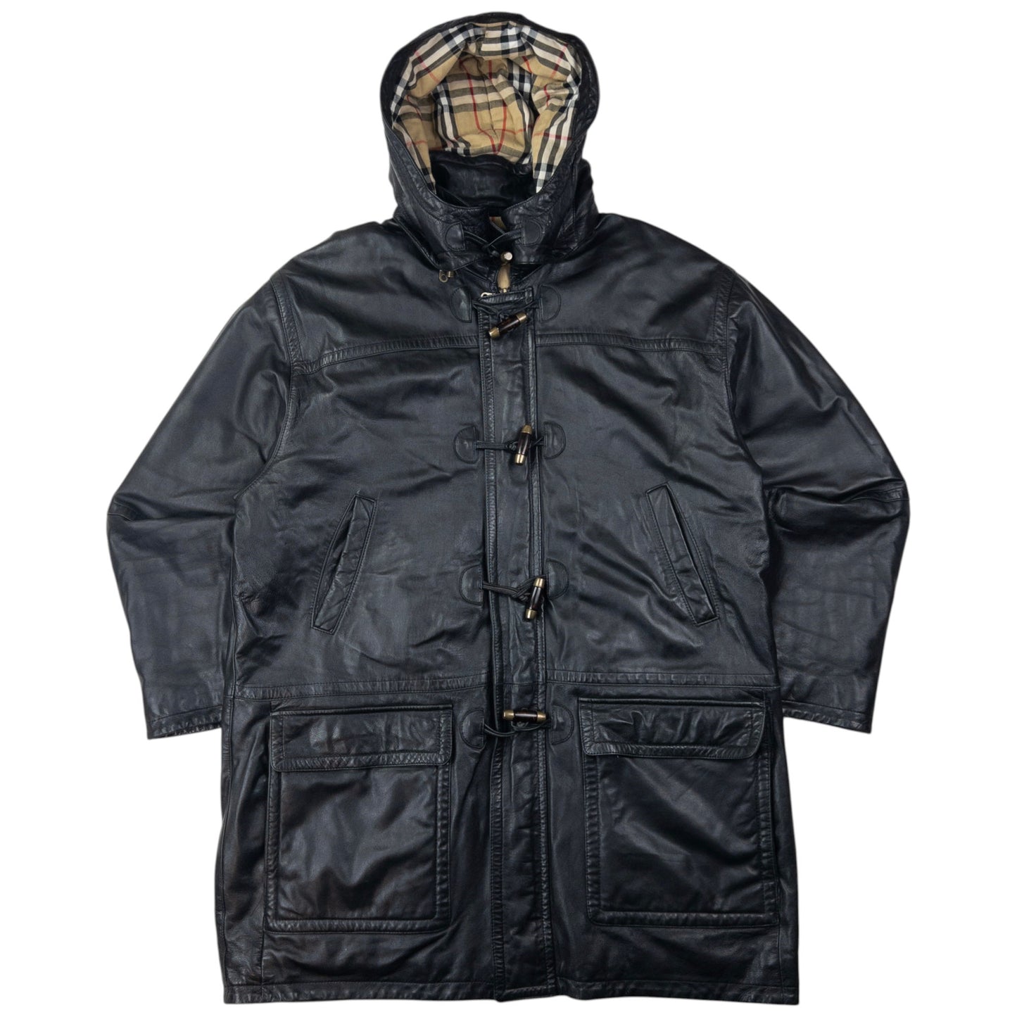 Vintage Burberry Nova Check Lined Leather Duffel Jacket Size XL