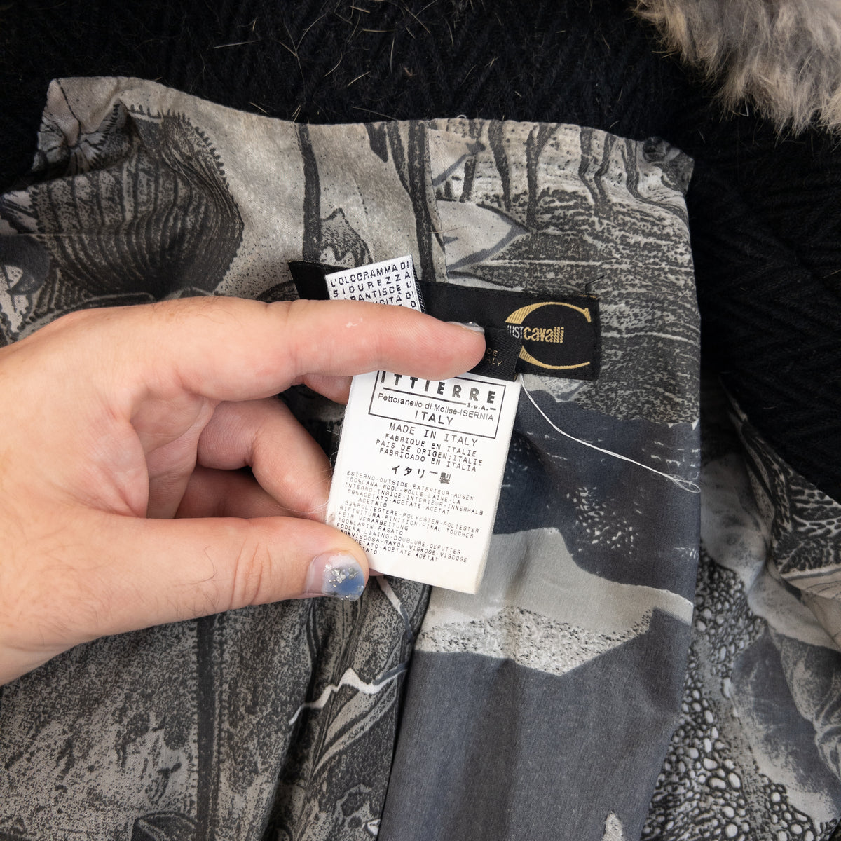 Vintage 2005 Cavalli Rabbit Fur Collar Asymmetrical Wool Jacket Womens Size L