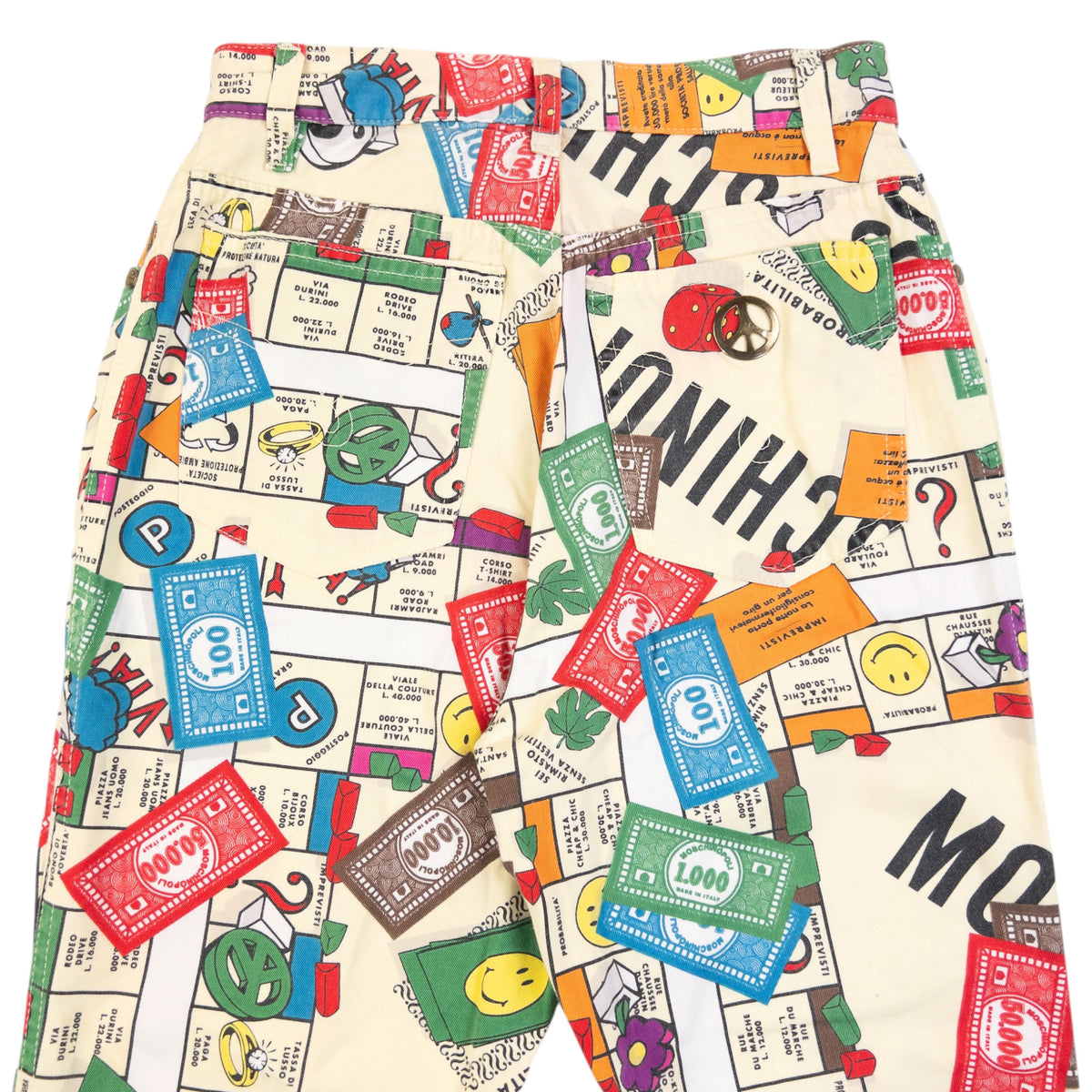 Vintage 90s Moschino Jeans Monopoly Parody Print Trousers, peace sign fastenings