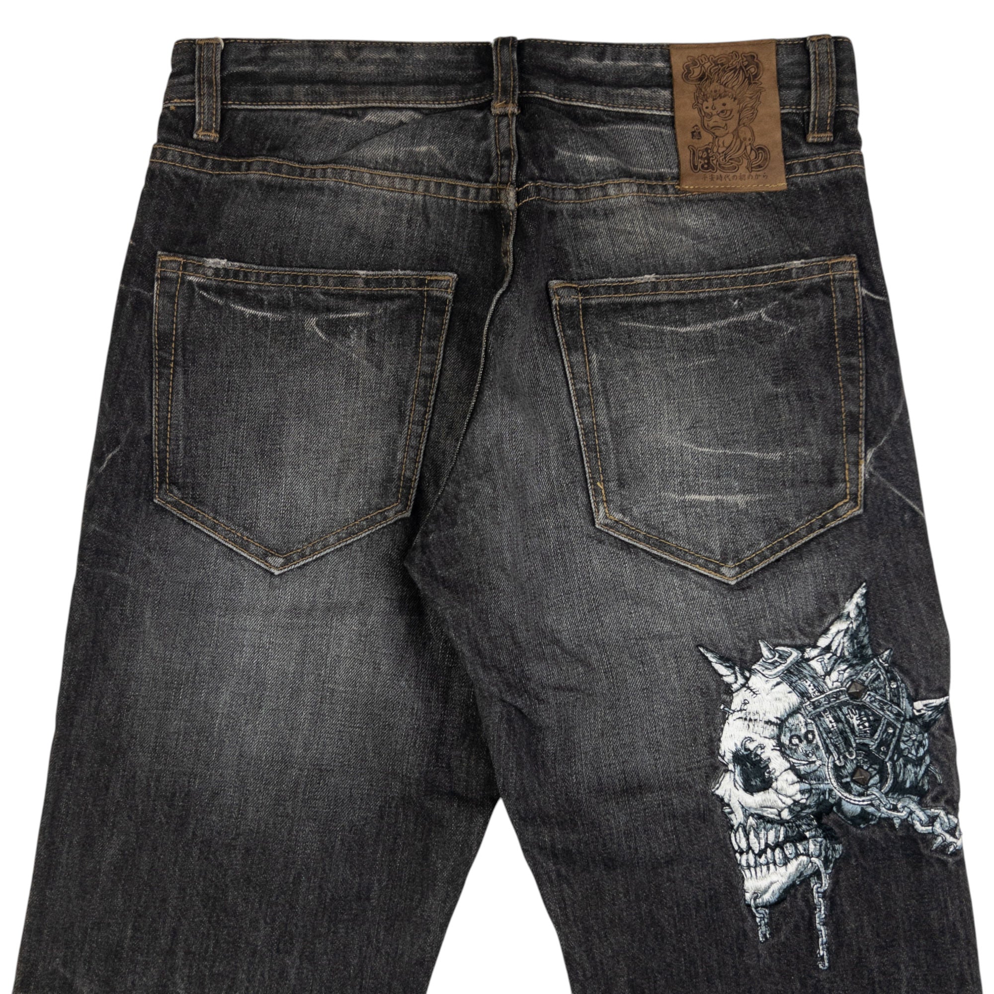 Vintage Jizo Bosatsu Embroidered Troll Skull Japanese Denim Jeans Size W30