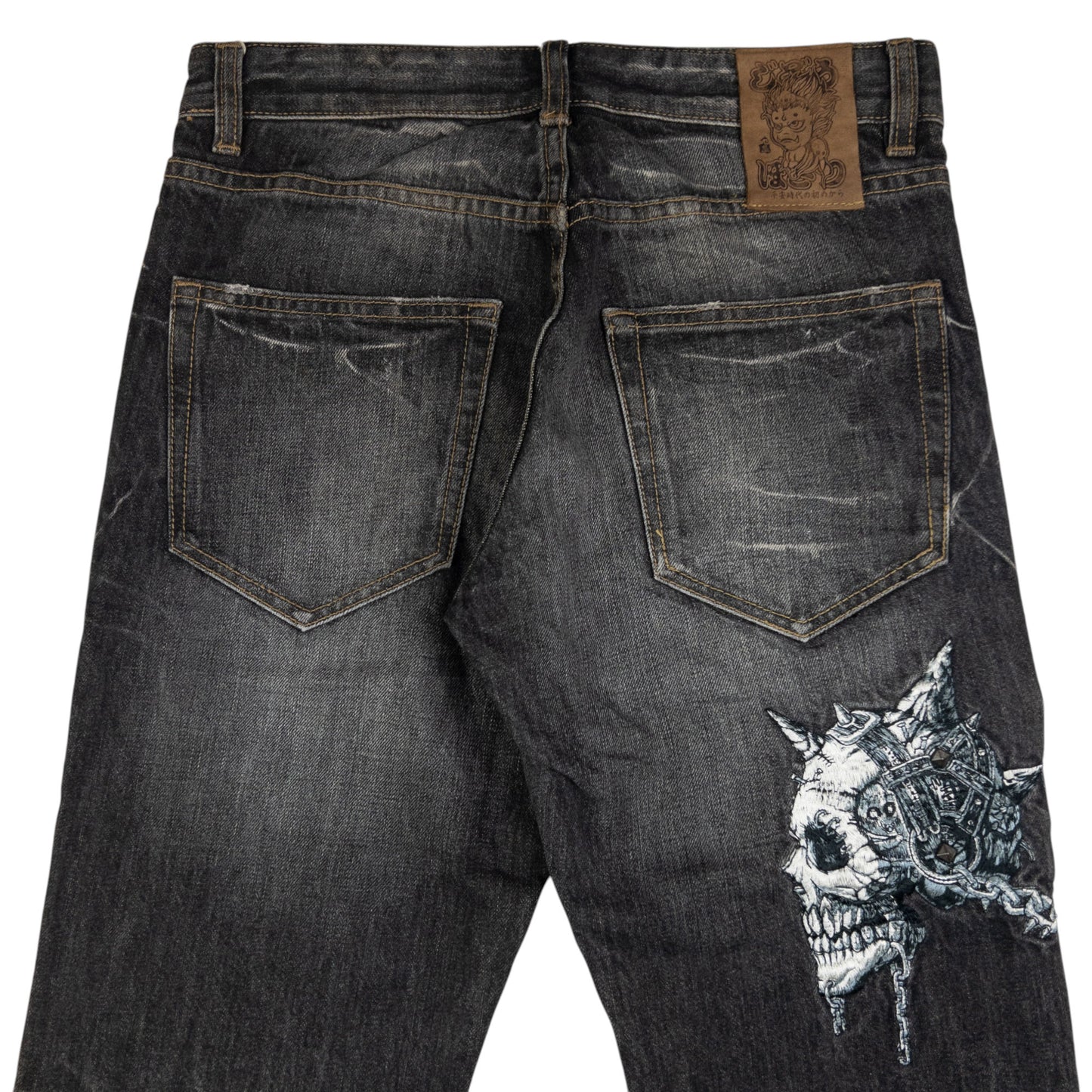 Vintage Jizo Bosatsu Embroidered Troll Skull Japanese Denim Jeans Size W30