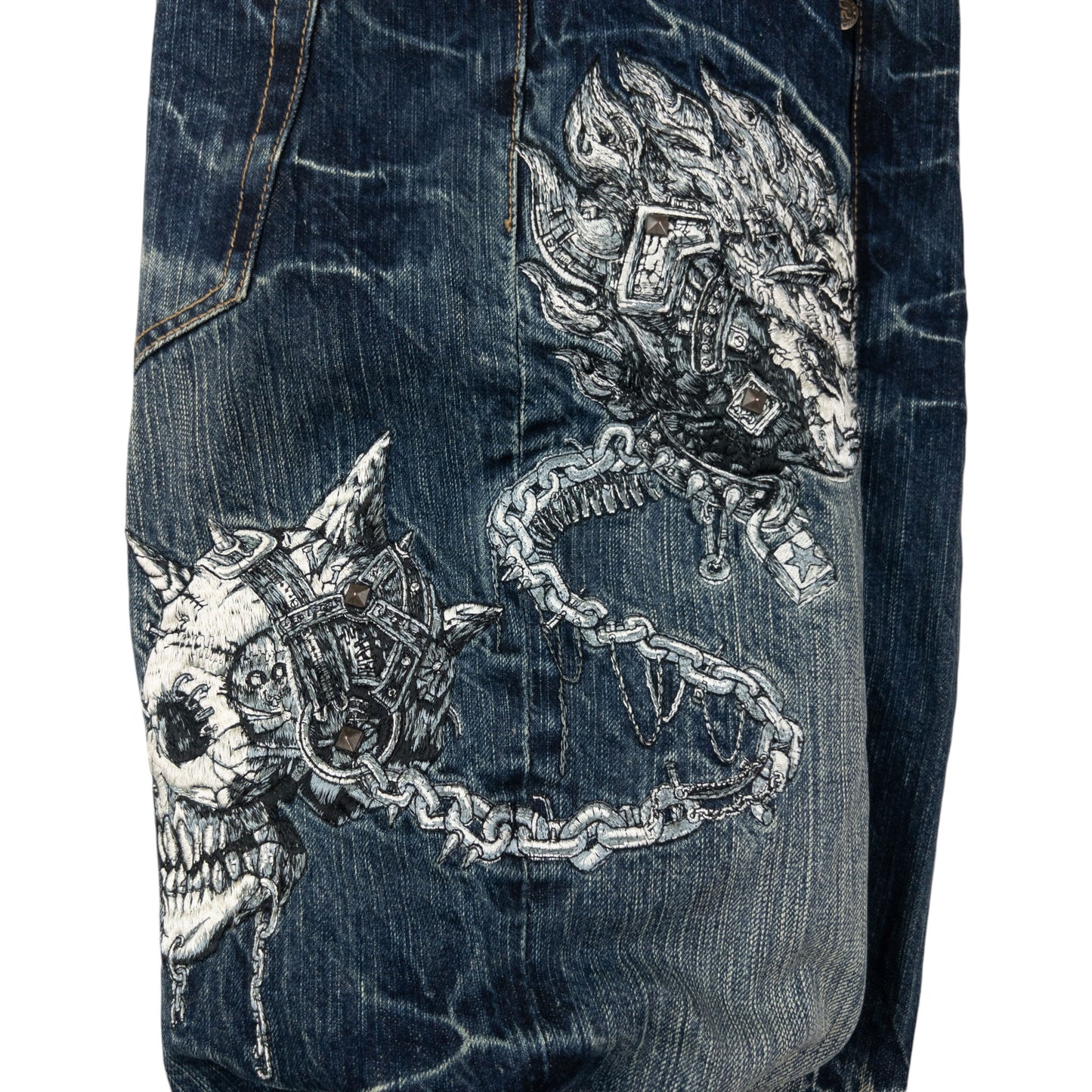 Vintage Jizo Bosatsu Embroidered Skull Japanese Denim Jeans Size W32
