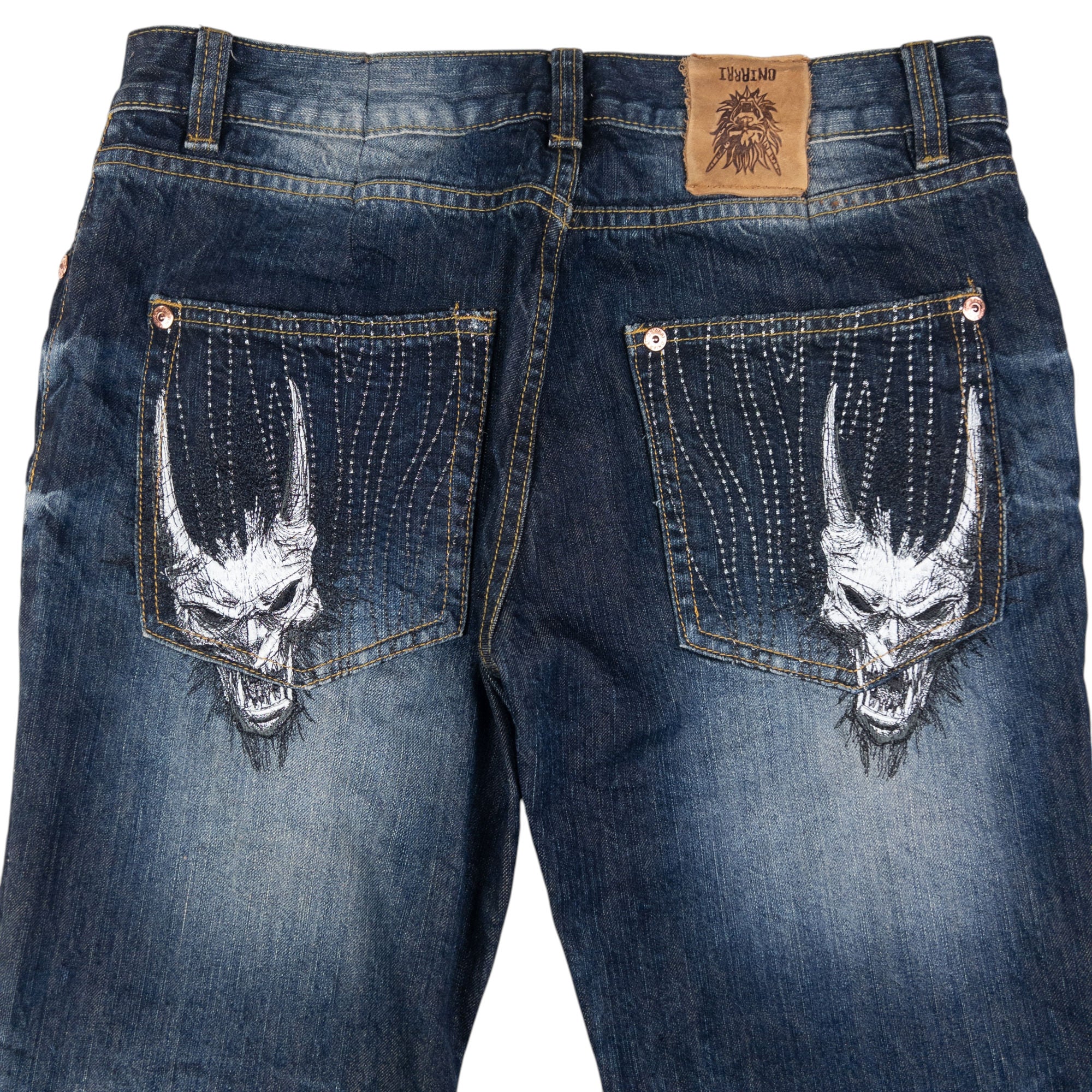 Vintage Oniarai Embroidered Monster Japanese Denim Jeans Size W34