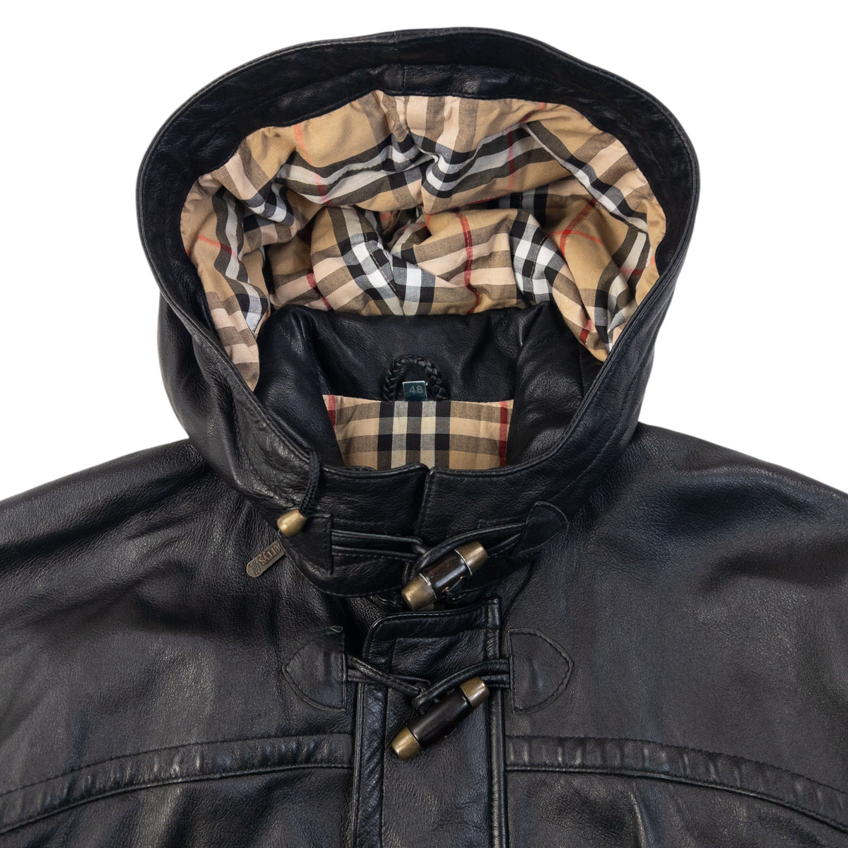 Vintage 90s Burberry Nova Check Lined Leather Duffle Jacket in black, photo 4