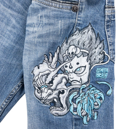 Vintage 2000s Jizo Bosatsu Embroidered Masked Troll Japanese Denim Jeans Size W29