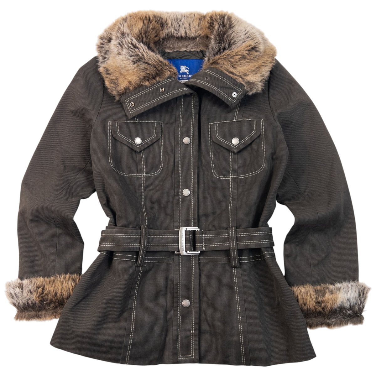 Vintage 2000s Burberry Blue Label Fur Trim Belt Waist Jacket Womens Size M