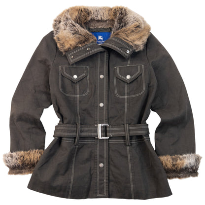 Vintage 2000s Burberry Blue Label Fur Trim Belt Waist Jacket Womens Size M