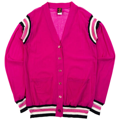 Vintage 2000s Jean Paul Gaultier Soleil Sheer Cardigan in pink, black and white stripe mesh trim