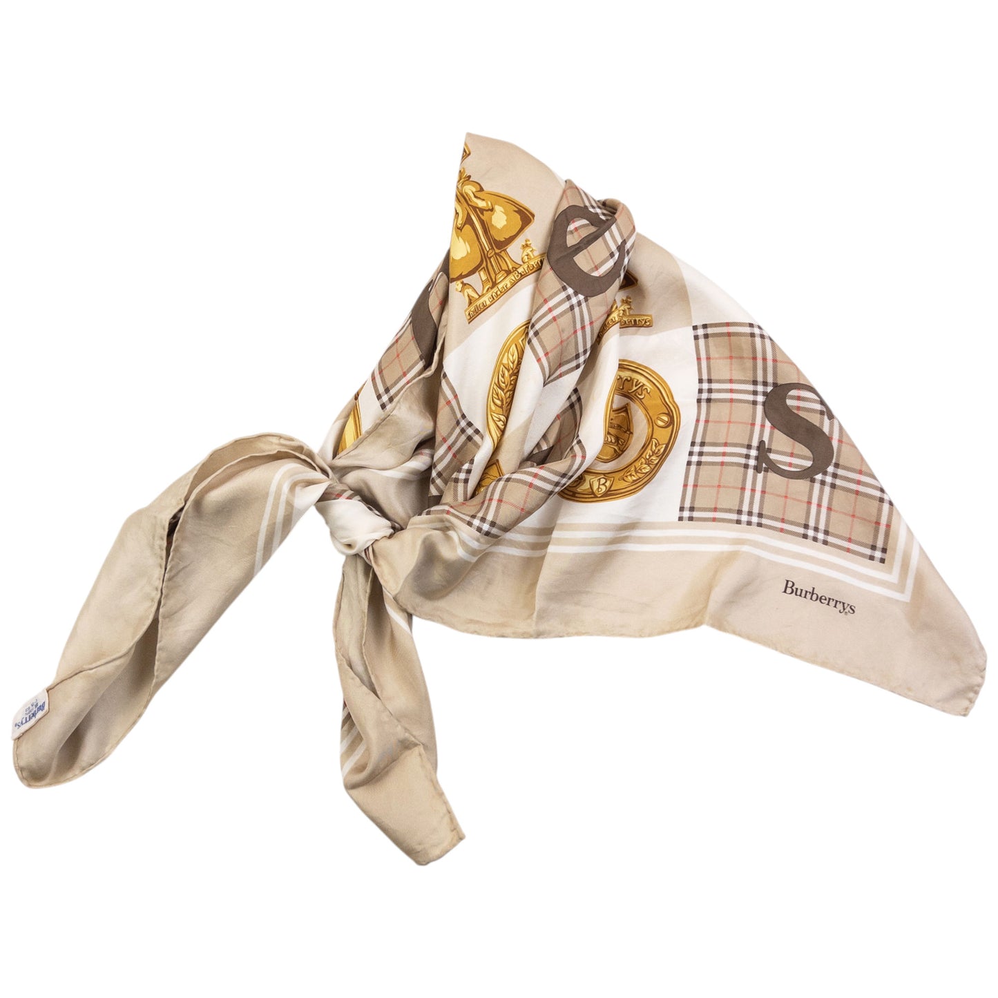Vintage 90s Burberry Nova Check Gold Logo Print Silk Scarf