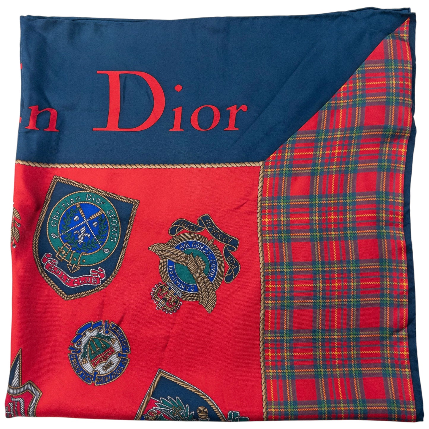Vintage 90s Dior Tartan Badge Print Silk Scarf