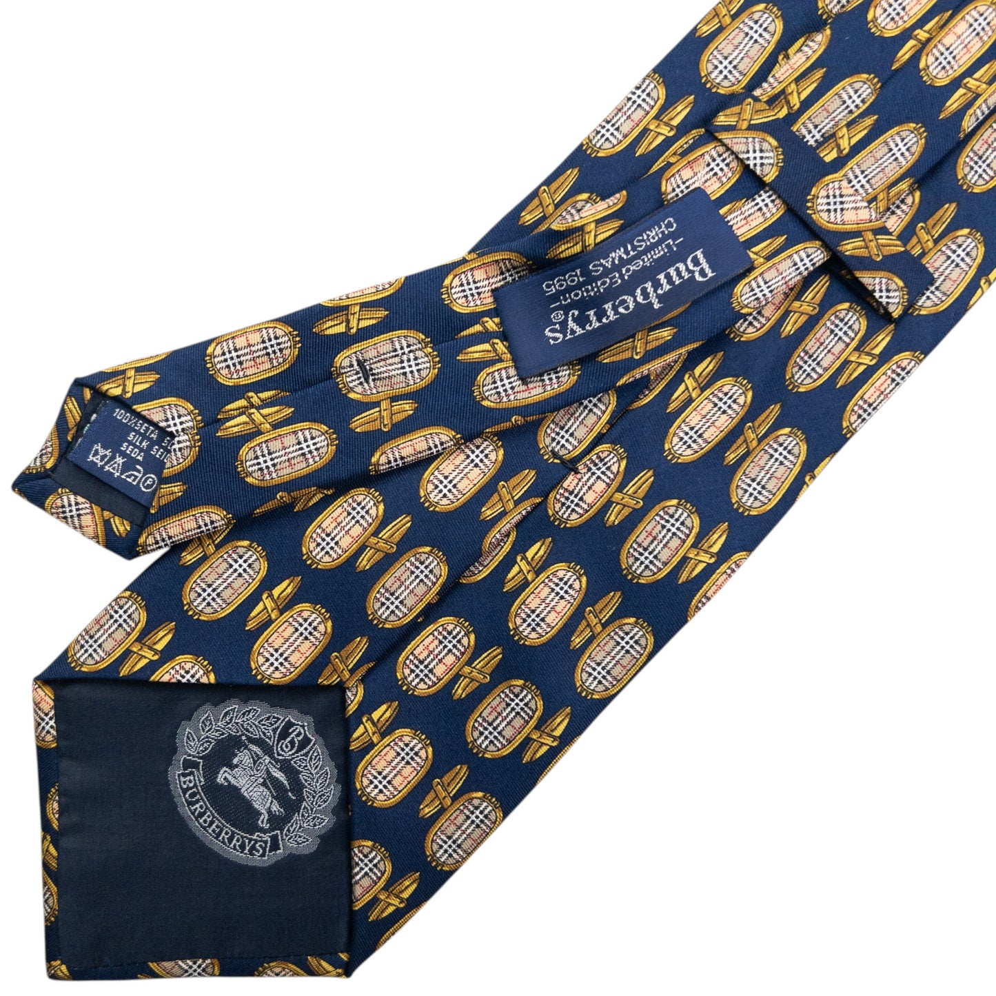 Vintage 80s Burberry Nova Check Cuff Link Print Silk Tie