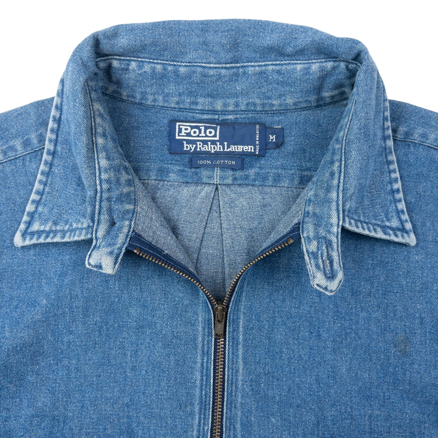 Vintage 90s Polo Ralph Lauren Checkered Sleeve Q Zip Denim Shirt Size XL
