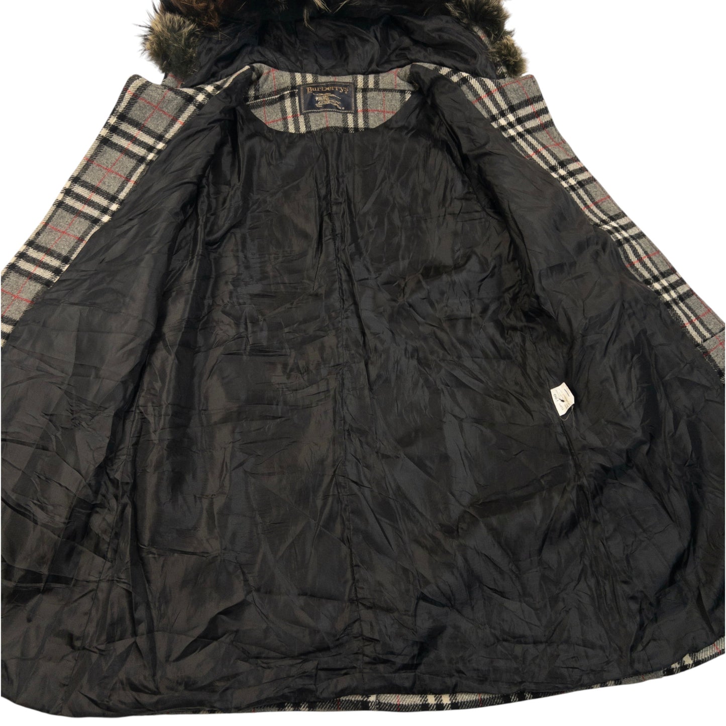 Vintage 90s Burberry Fur Hood Nova Check Wool Duffle Jacket Womens Size M