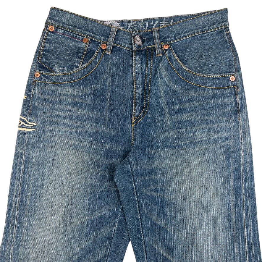 Vintage Big Train Embroidered Mountain Japanese Denim Jeans Size W32