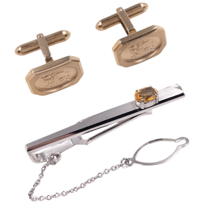 Vintage 90s Burberry Embossed Cufflinks & Gem Tie Clip Set