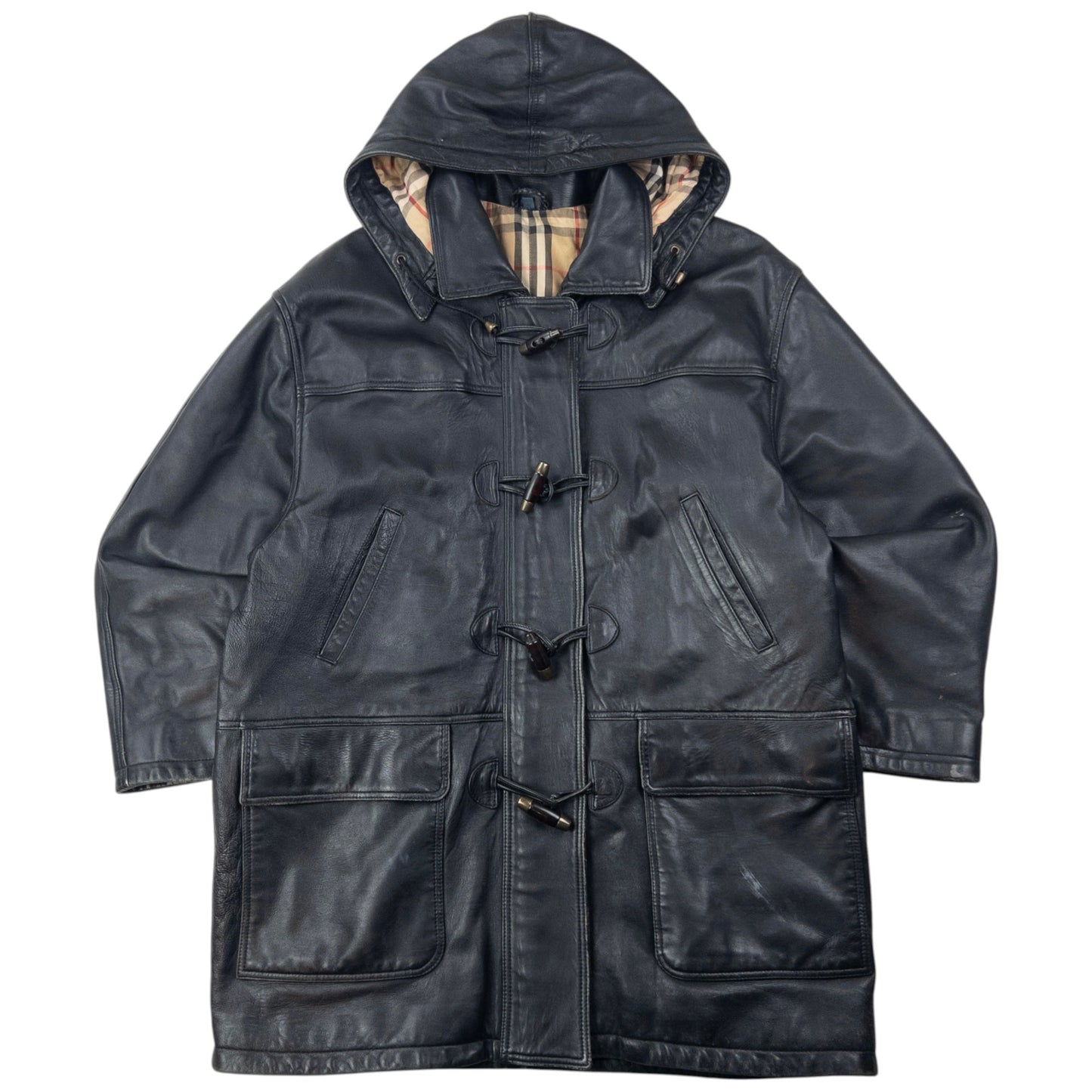 Vintage 2000s Burberry Nova Check Lined Leather Duffle Jacket Size XL