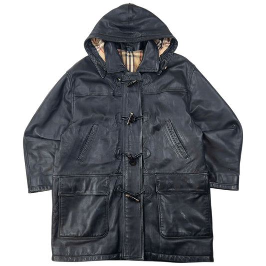 Vintage 2000s Burberry Nova Check Lined Leather Duffle Jacket Size XL