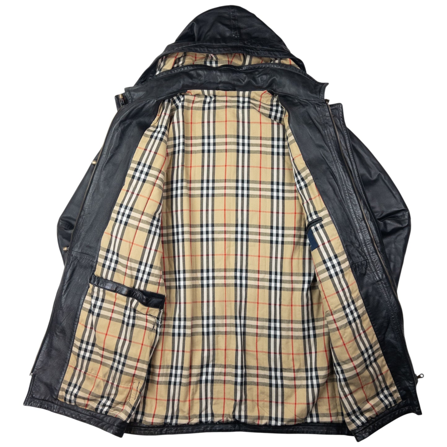 Vintage Burberry Nova Check Lined Leather Duffel Jacket Size XL