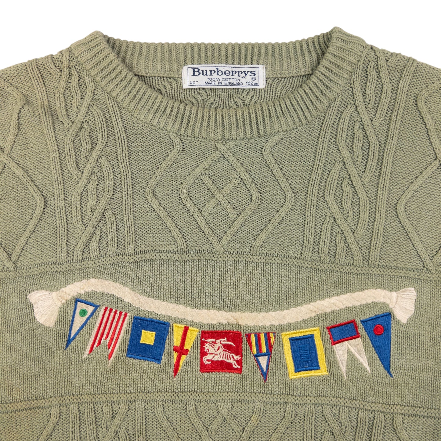 Vintage Burberry Embroidered Flag Cable Knit Jumper Size XL