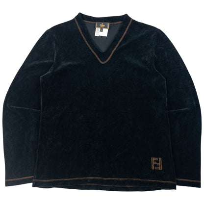 Vintage 2000s Fendi Velour Jumper in black, embroidered logo detail
