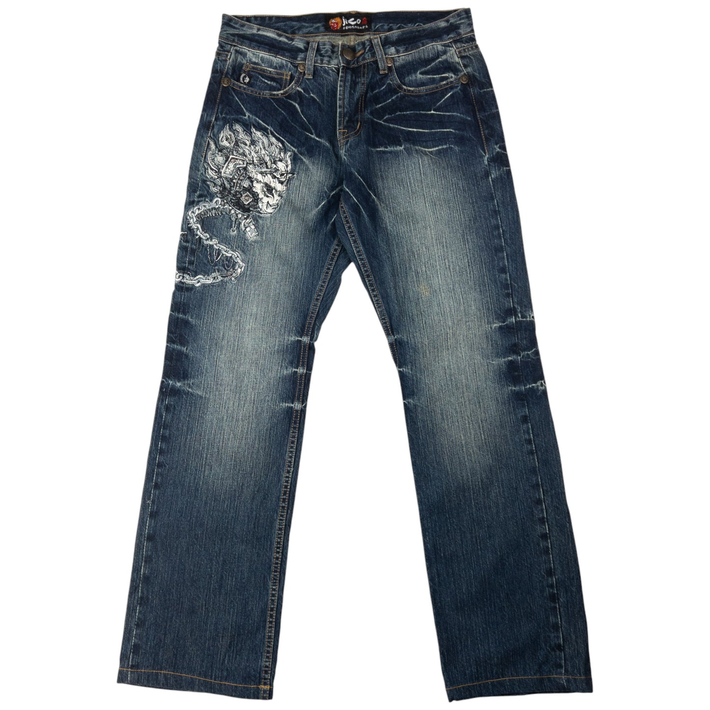 Vintage Jizo Bosatsu Embroidered Skull Japanese Denim Jeans Size W32