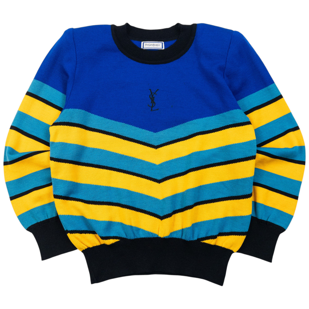 Vintage 80s YSL Yves Saint Laurent Striped Wool Jumper in blue, embroidered logo