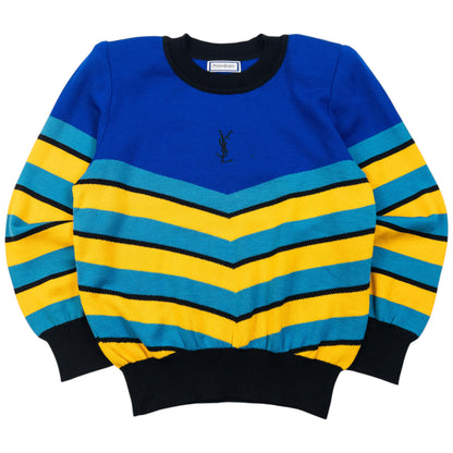 Vintage 80s YSL Yves Saint Laurent Striped Wool Jumper in blue, embroidered logo