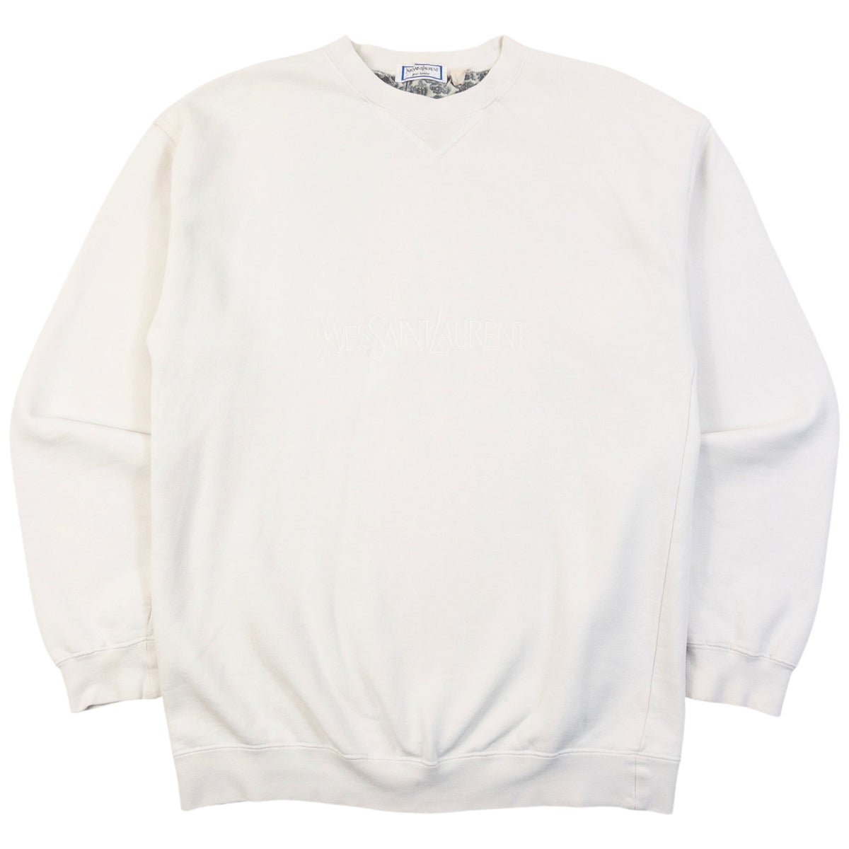 Vintage 80s YSL Yves Saint Laurent Embroidered Sweatshirt in white, embroidered logo text