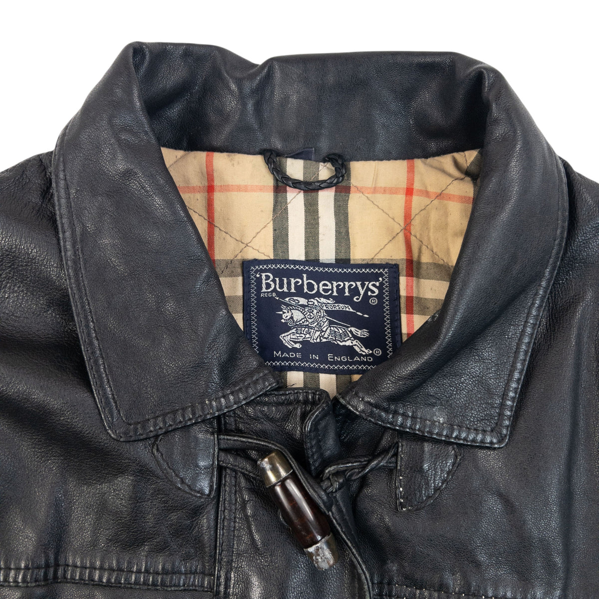 Vintage 90s Burberry Nova Check Lined Leather Duffle Jacket in black, photo 4