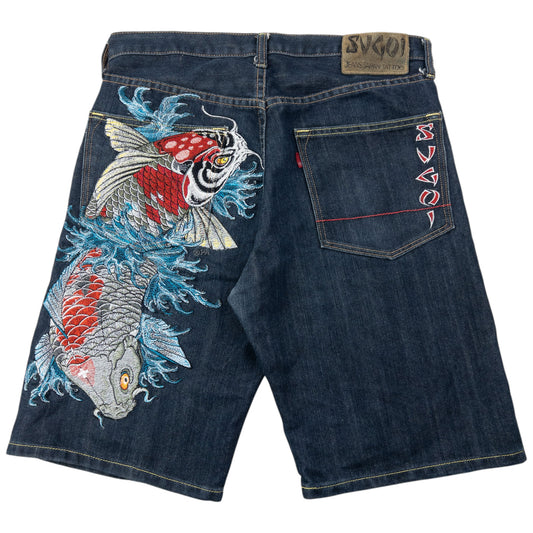 Vintage 2000s Sugoi Embroidered Koi Fish Japanese Denim Shorts Size W32