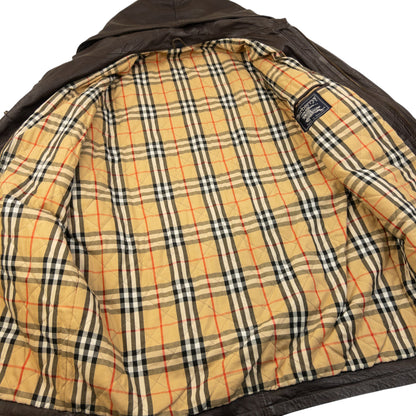 Vintage 90s Burberry Nova Check Lined Leather Duffle Jacket Size XL