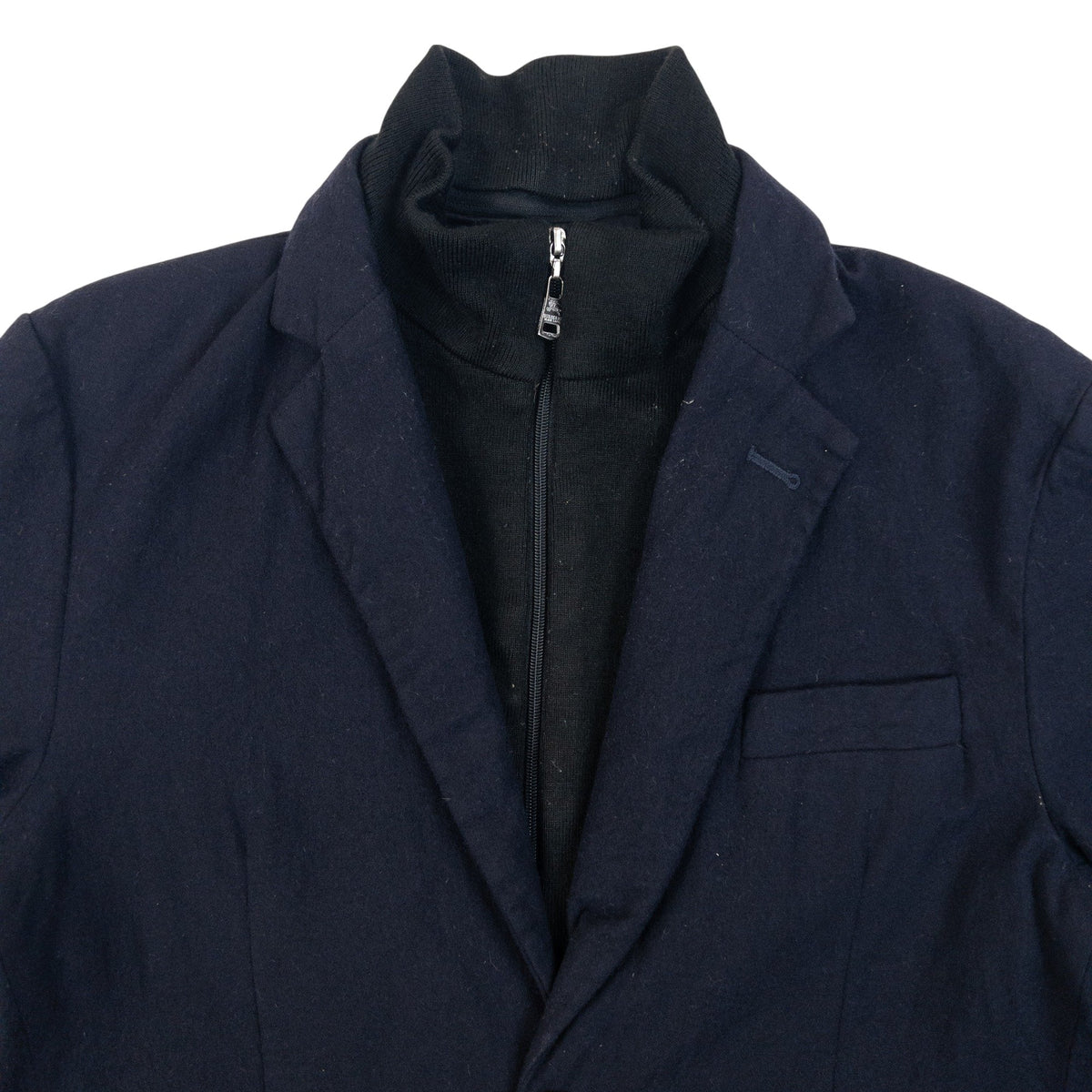 Vintage 2000s Burberry Black Label Wool Blazer With Zip Out Knit Layer in navy, photo 4