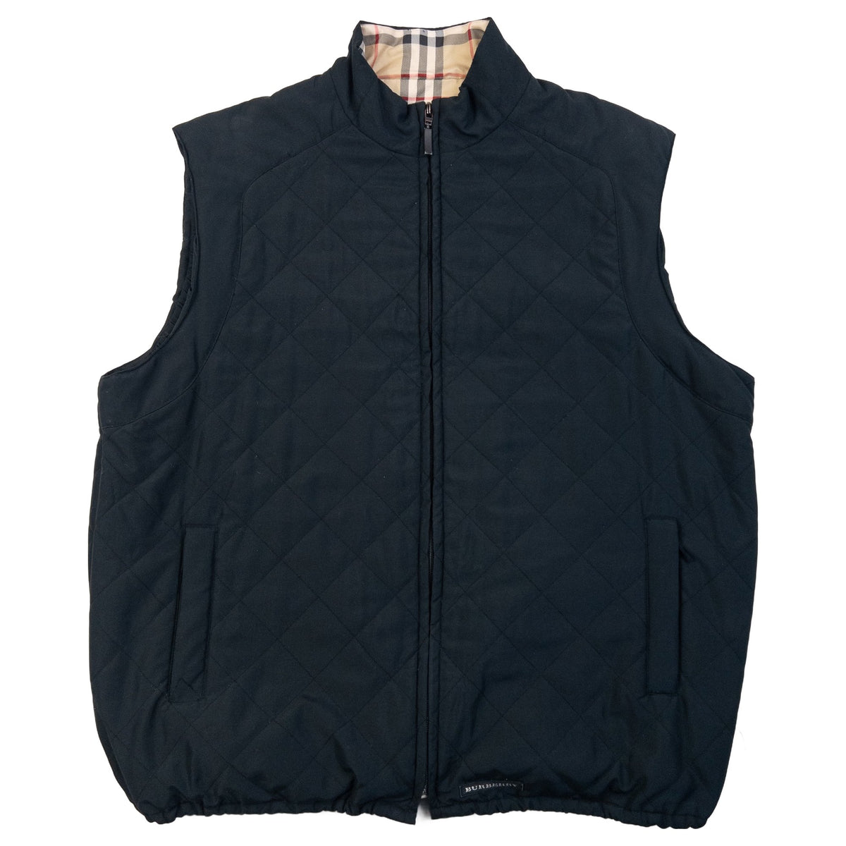 Vintage 2000s Burberry Golf Quilted Zip Up Vest in black, beige nova check accent colour