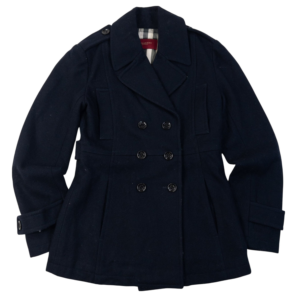Vintage 2000s Burberry London Double Breasted Wool Peacoat Jacket in navy, beige accent colour