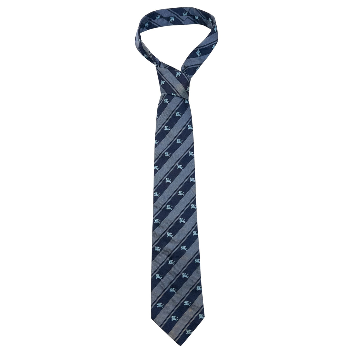 Vintage 2000s Burberry London Equestrian Knight Monogram Logo Striped Silk Tie in navy, grey blue accent colour