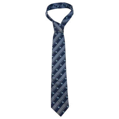 Vintage 2000s Burberry London Equestrian Knight Monogram Logo Striped Silk Tie in navy, grey blue accent colour