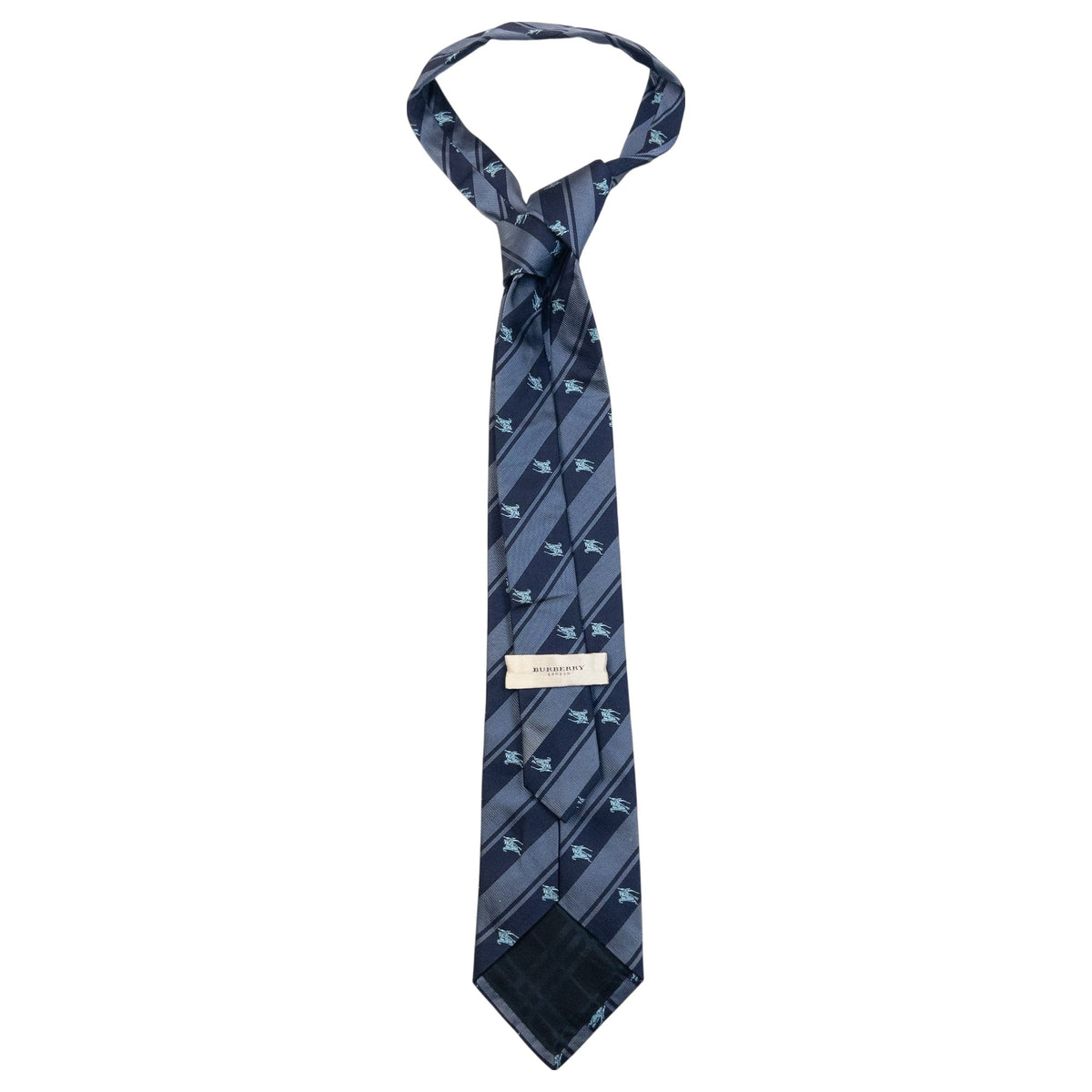 Vintage 2000s Burberry London Equestrian Knight Monogram Logo Striped Silk Tie in navy, photo 3