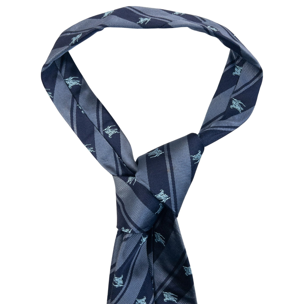 Vintage 2000s Burberry London Equestrian Knight Monogram Logo Striped Silk Tie in navy, photo 4