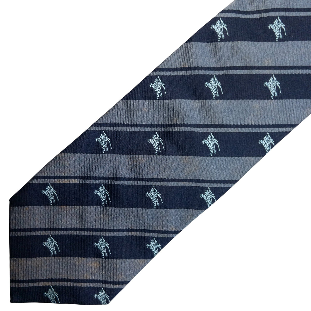 Vintage 2000s Burberry London Equestrian Knight Monogram Logo Striped Silk Tie in navy, photo 5
