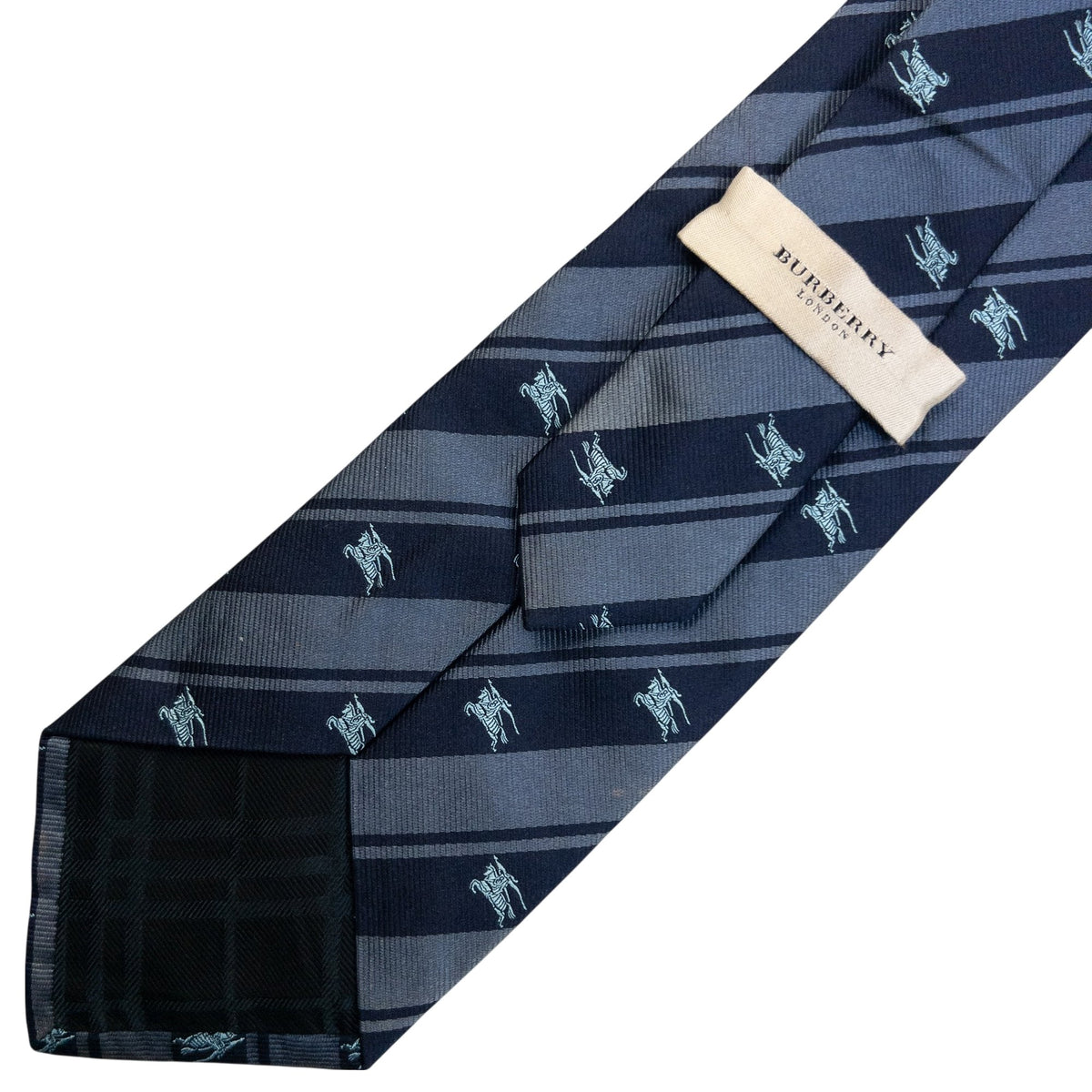 Vintage 2000s Burberry London Equestrian Knight Monogram Logo Striped Silk Tie in navy, photo 6